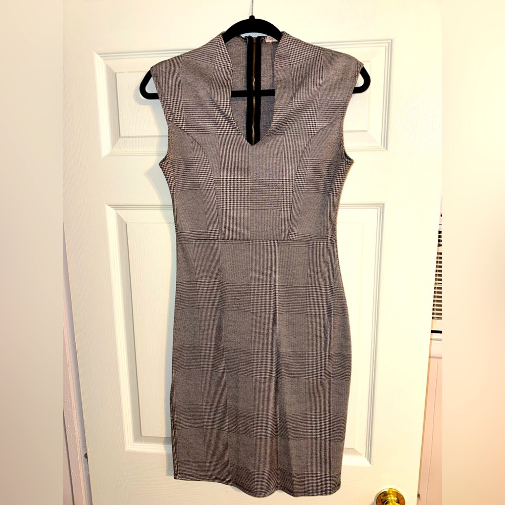 Grey Houndstooth Bodycon Dress - Size L